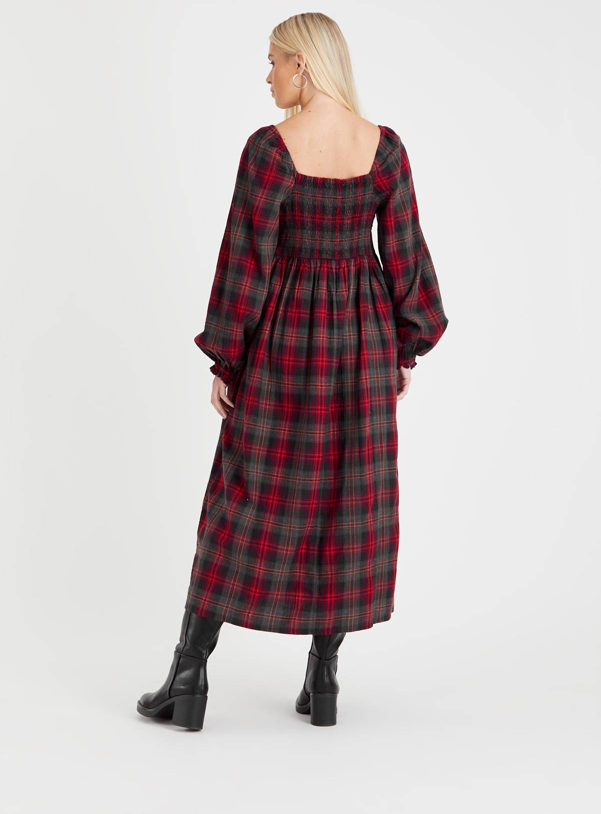 Red Check Puff Sleeve Midi Dress 16 - Image 4